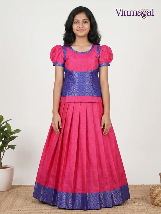 pink and blue pattern pattu pavadai for girls traditional dress