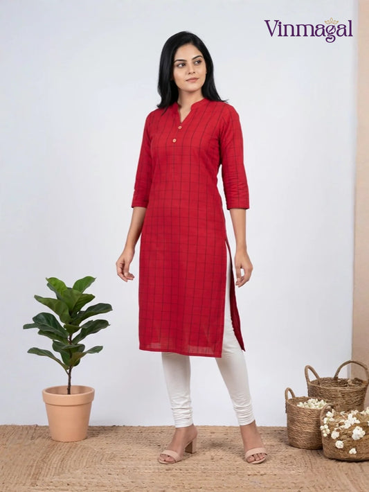 Pink dupion cotton checked kurti for women with classic check pattern