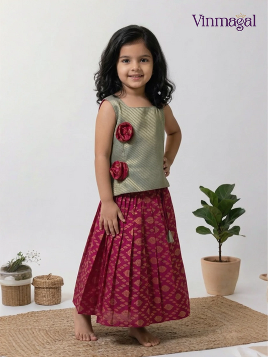 Pink and grey cotton langa set for girls with tissue silk blouse
