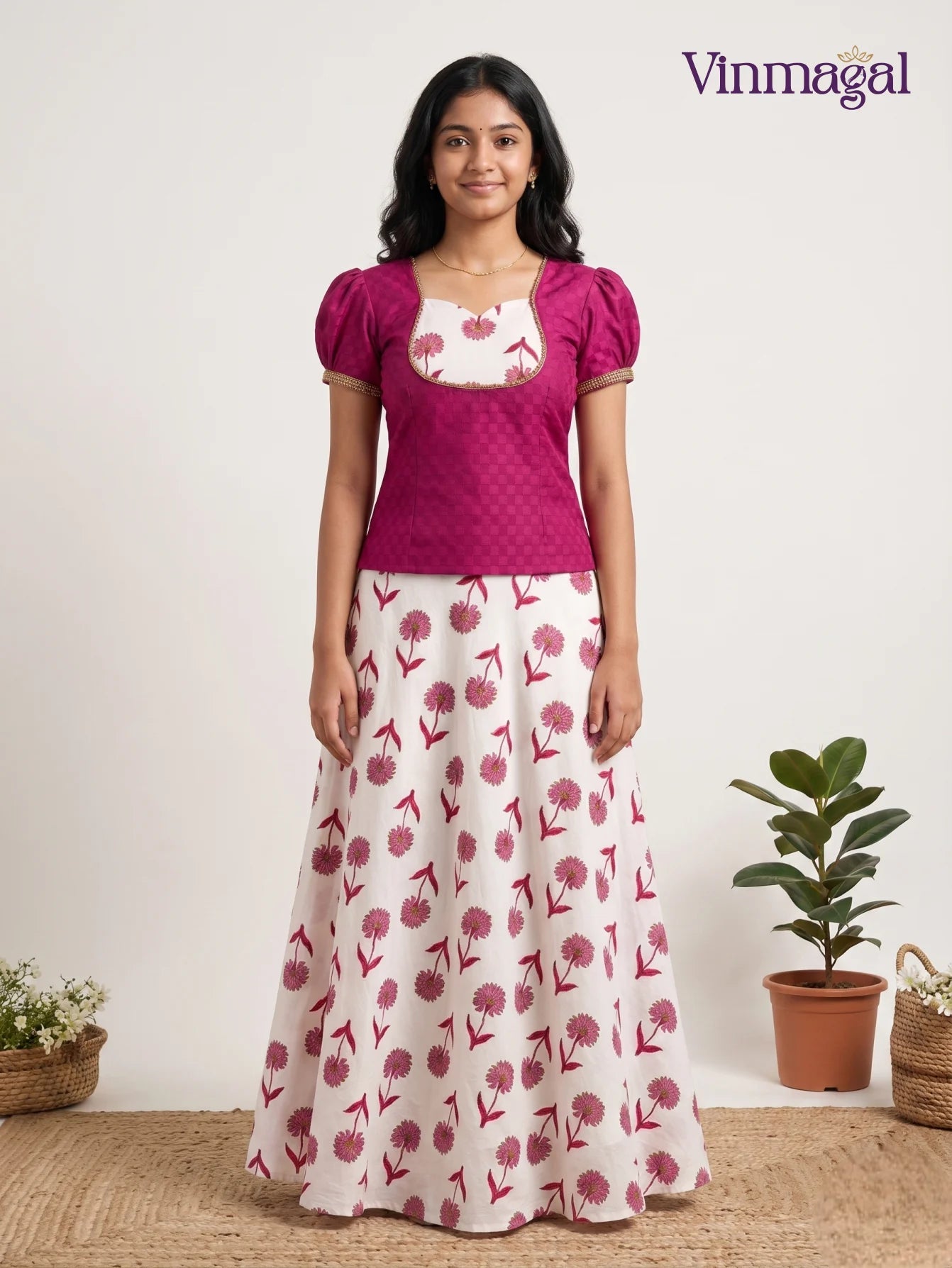 pink off white cotton pavadai sattai girls traditional dress