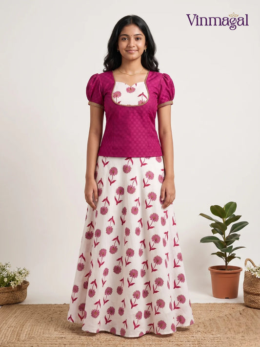 pink off white cotton pavadai sattai girls traditional dress