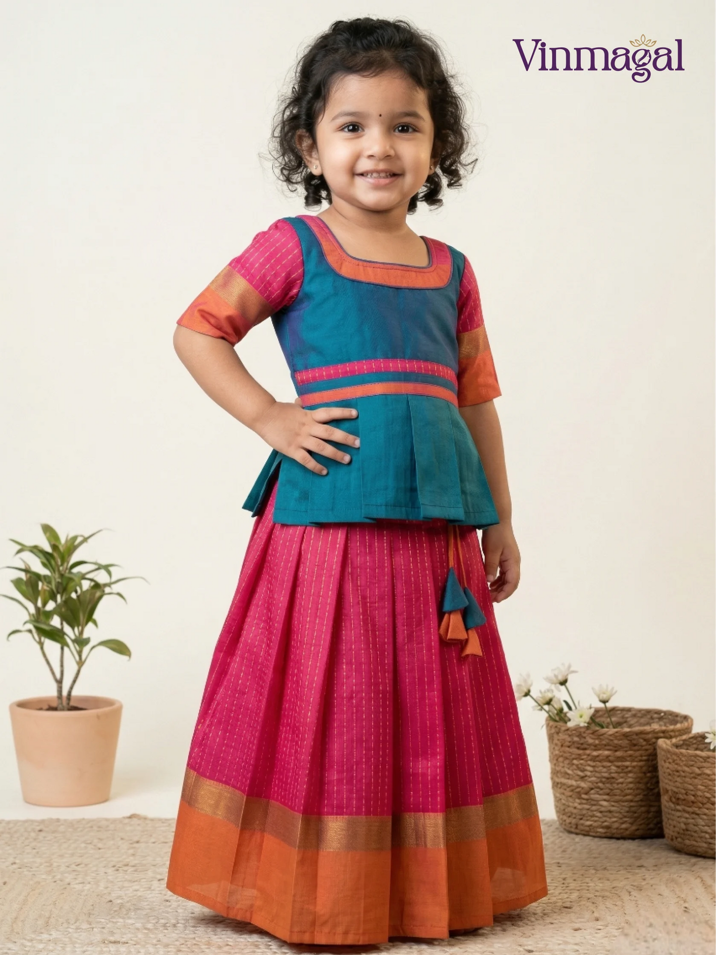Pink and peacock blue silk cotton pavadai set for girls lightweight festive outfit