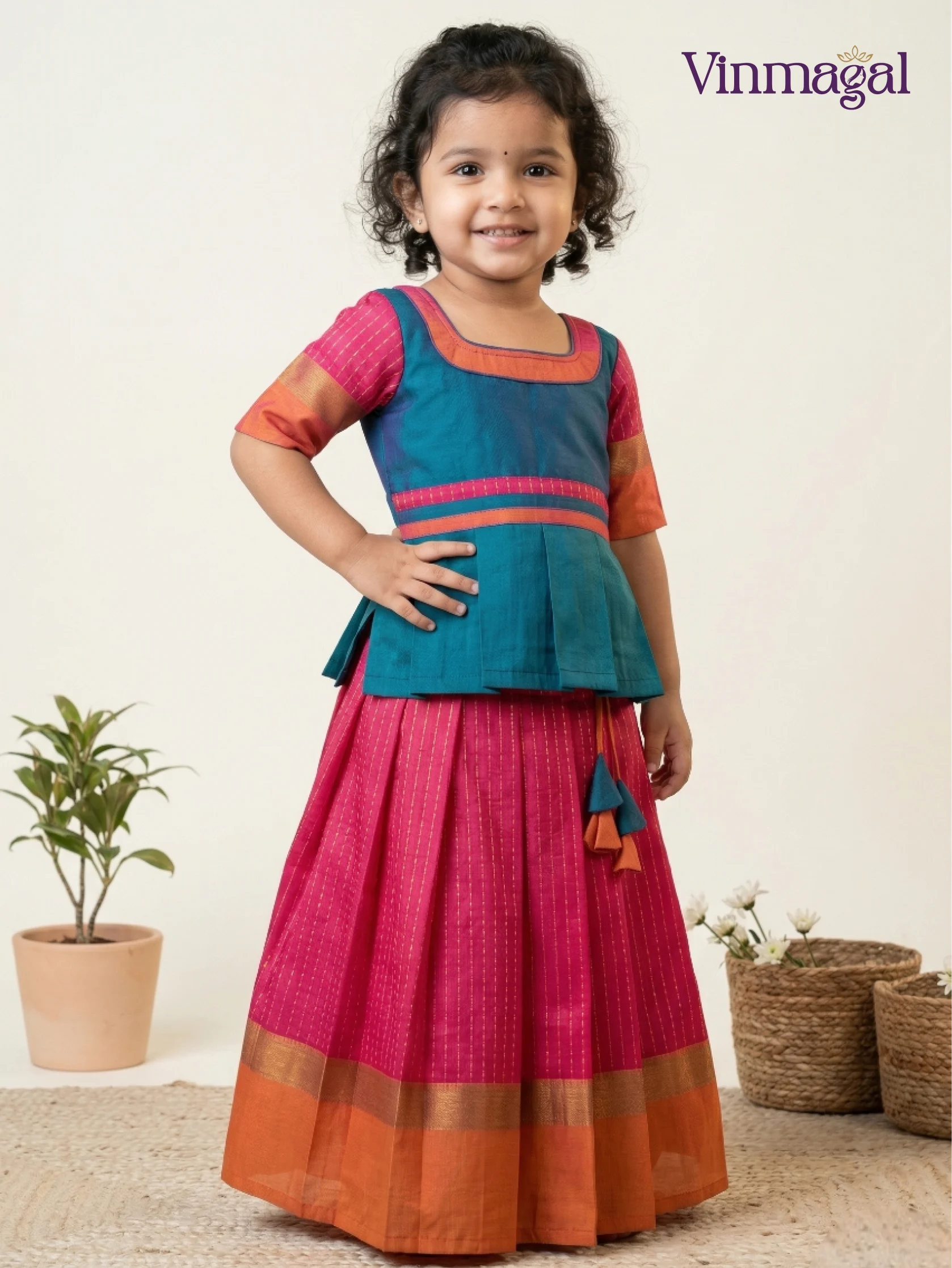 Pink and peacock blue silk cotton pavadai set for girls lightweight festive outfit