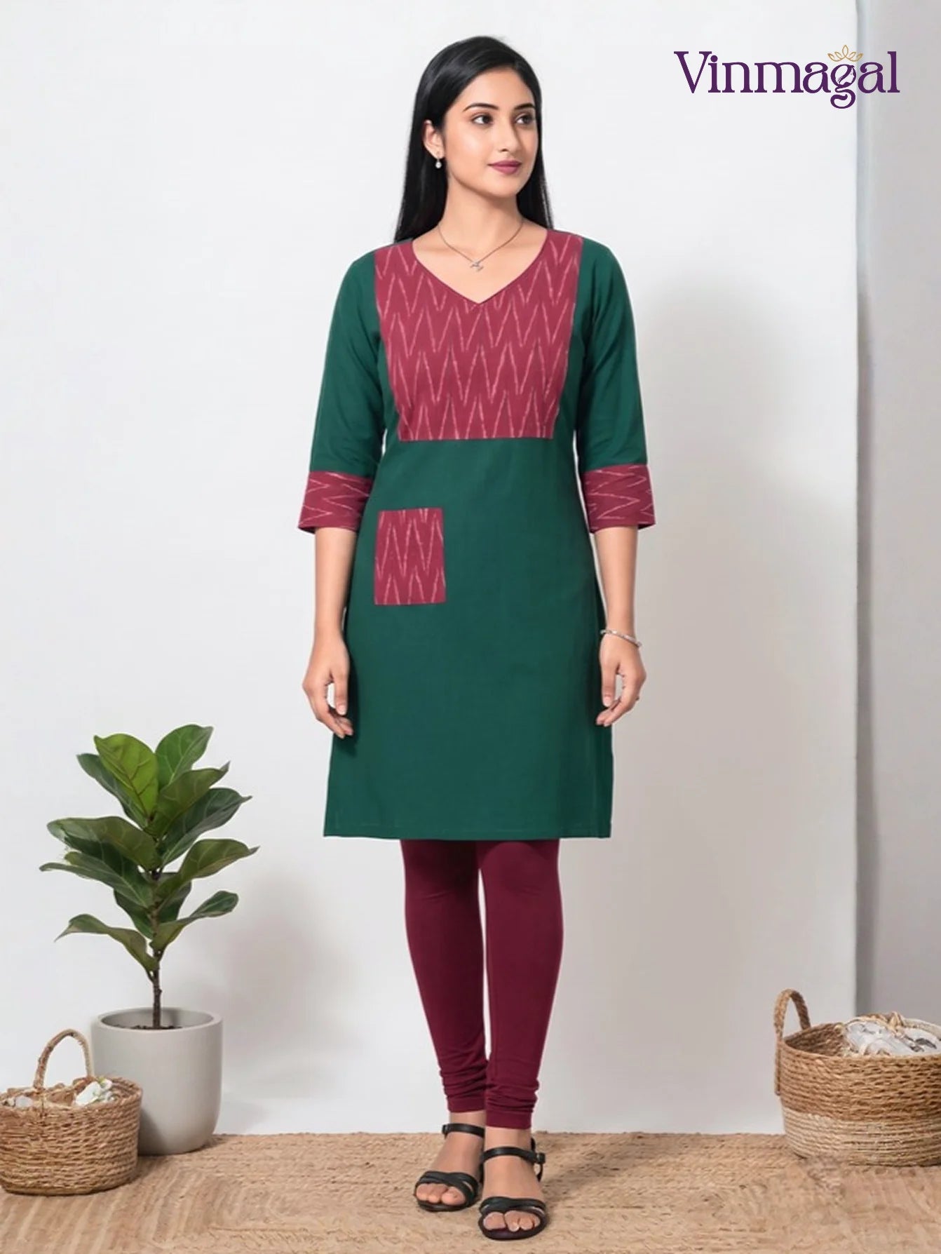 Pink and rama green Ikkat cotton kurti for women in dual tone design