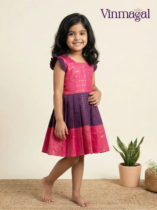 Pink and wine silk cotton frock for girls elegant festive party wear kids dress