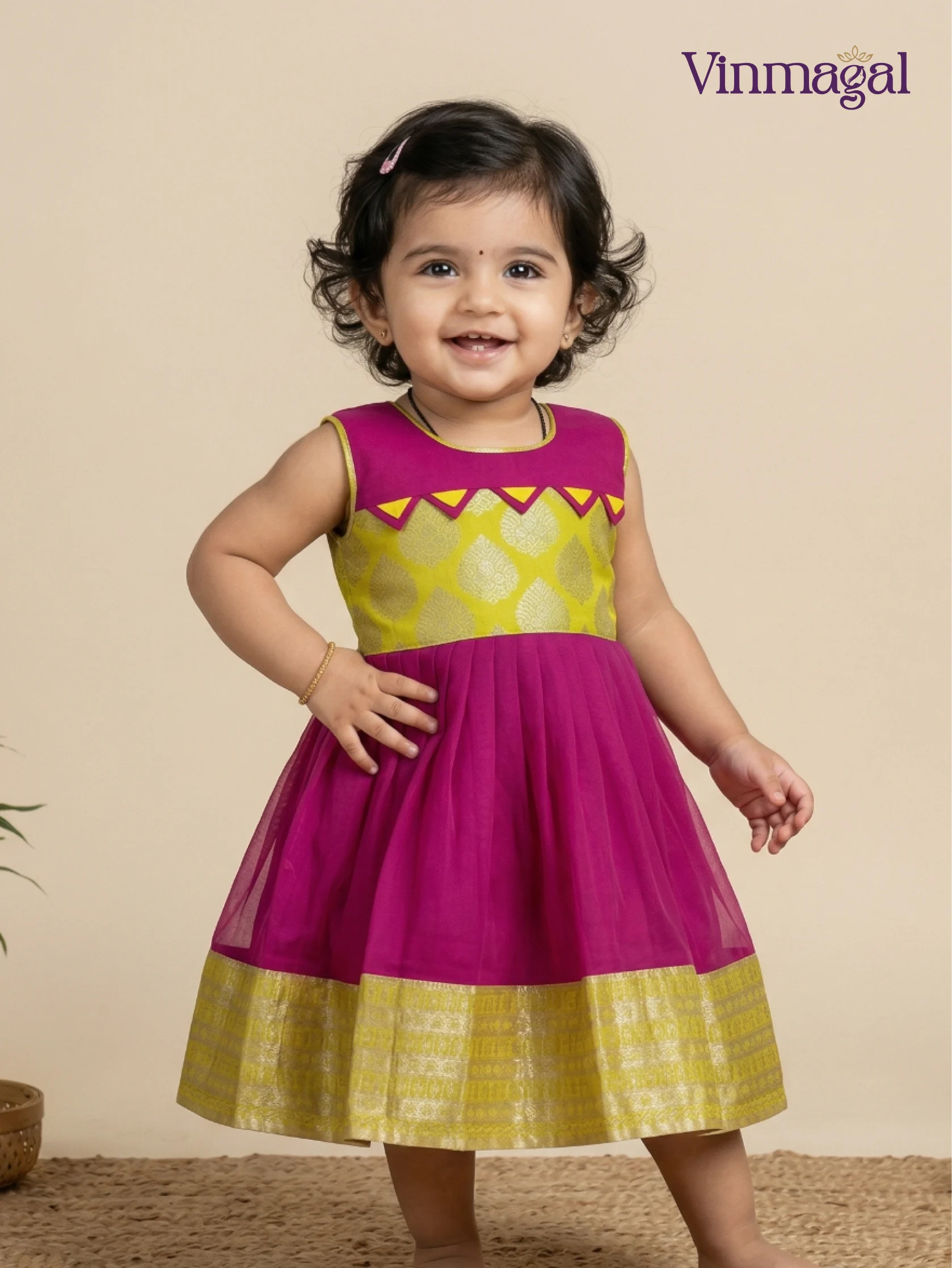Pink and yellow pure silk baby frock for 6 months girls festive wear dress
