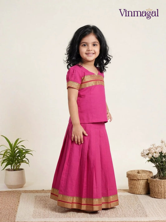 pink cotton pavadai for kids designed for comfortable traditional wear