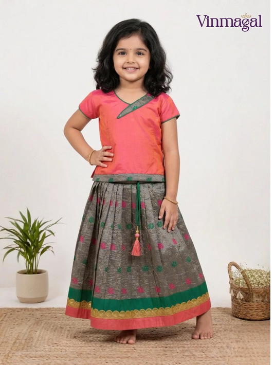 pink and grey embroidered langa skirt and blouse set for girls