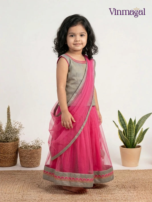 netted pink langa with grey top for kids in fancy skirt set