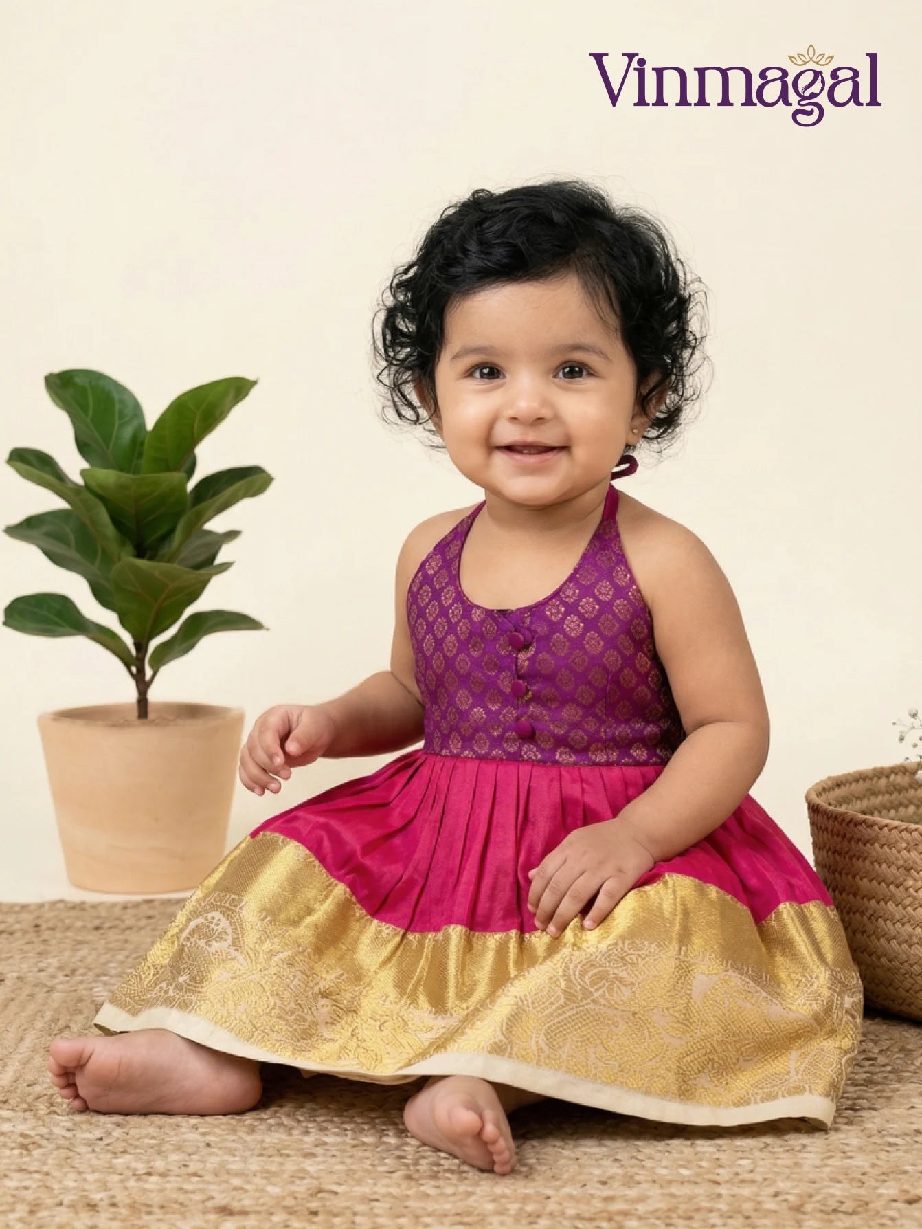 pink and magenta silk frock for kids designed for party wear