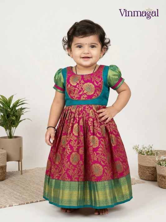 pink and rama green kanchipuram silk frock for baby girls with traditional party wear design