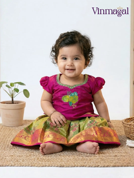 pink pure silk tissue pavadai set for kids with zari and embroidery work