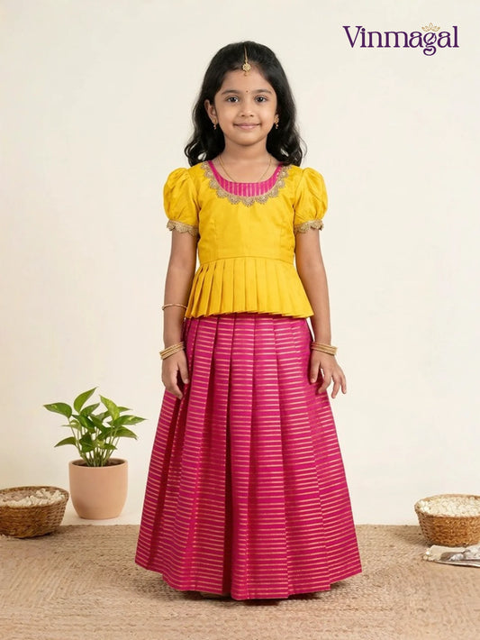 pink and yellow banarasi silk long gown for kids suitable for traditional and party occasions