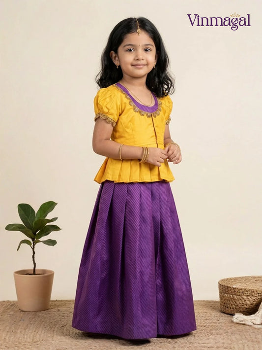 purple and yellow banarasi silk long gown for kids suitable for traditional and party occasions