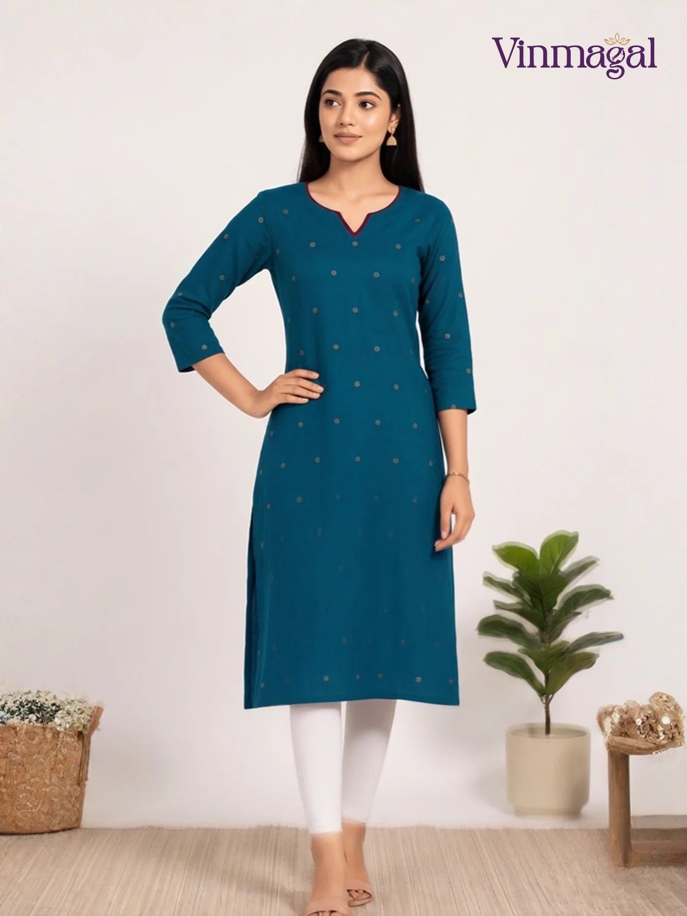 Rama blue dupion cotton kurti for women solid design