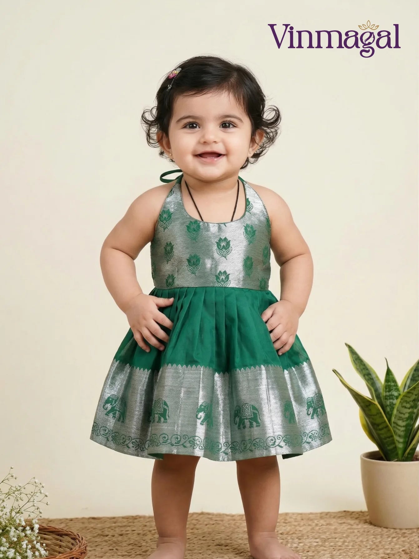 Rama green and silver silk frock for girls festive party wear dress