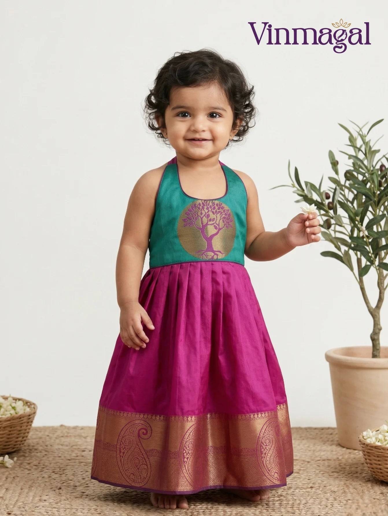 rama green and pink silk frock for girls designed for party wear