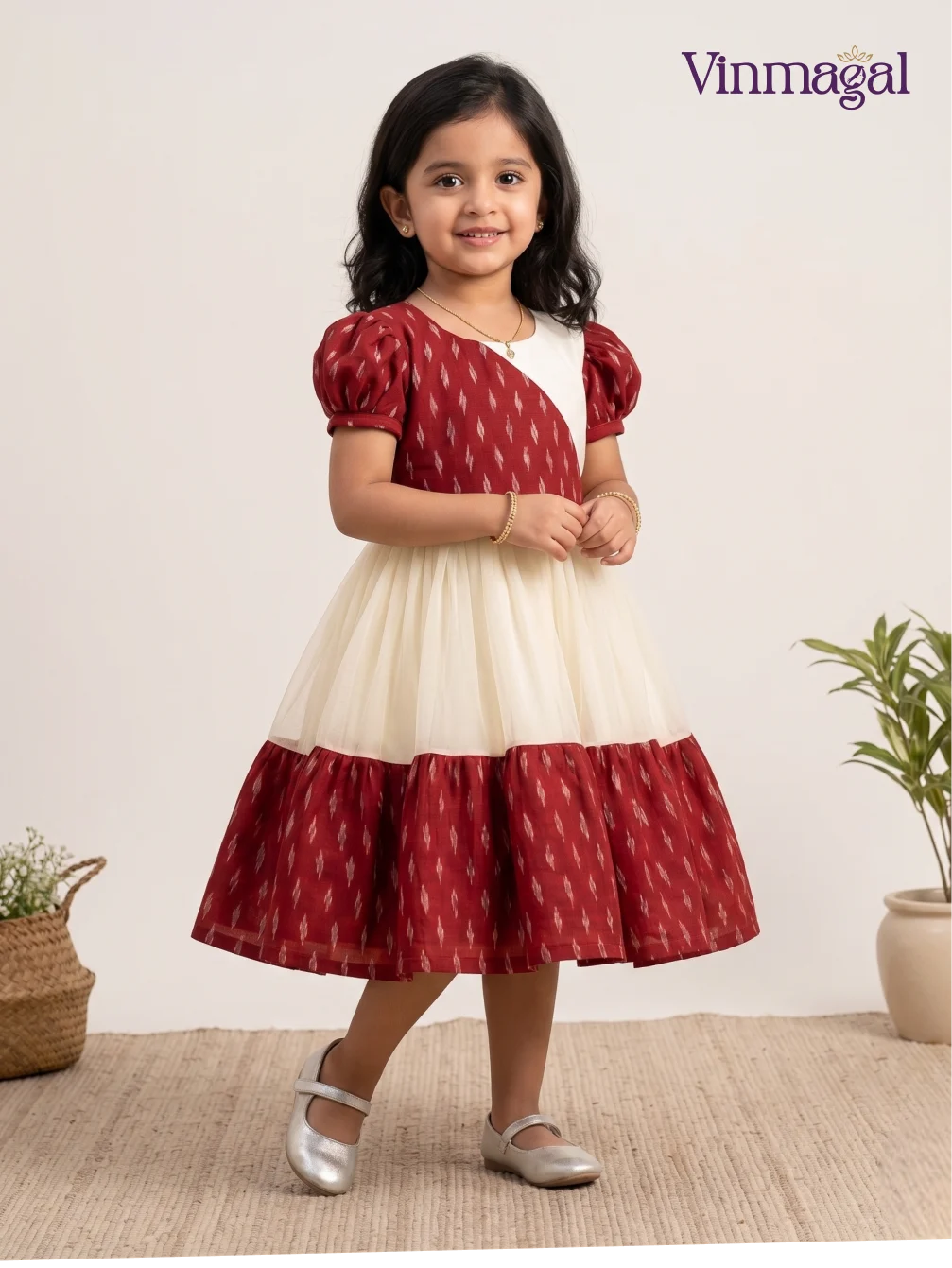 Red and cream girls ethnic dress with ikat pattern festive party wear frock for kids traditional outfit for weddings and celebrations