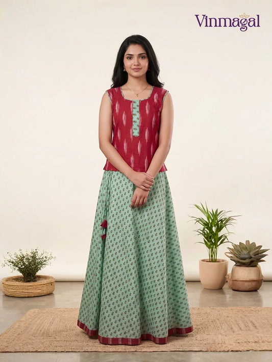 red mint green cotton pavadai sattai girls traditional dress