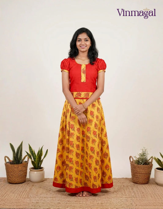 red mustard floral cotton pavadai sattai girls traditional dress