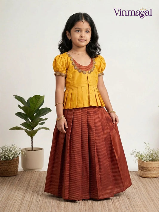 red and yellow banarasi silk long gown for kids suitable for traditional and party occasions