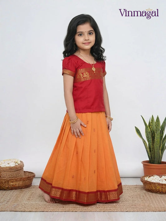 red and yellow kalyani cotton skirt and top set for girls