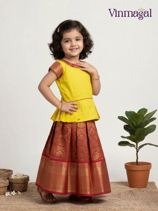 red and yellow pure silk pavadai set for kids with zari work skirt and patchwork blouse