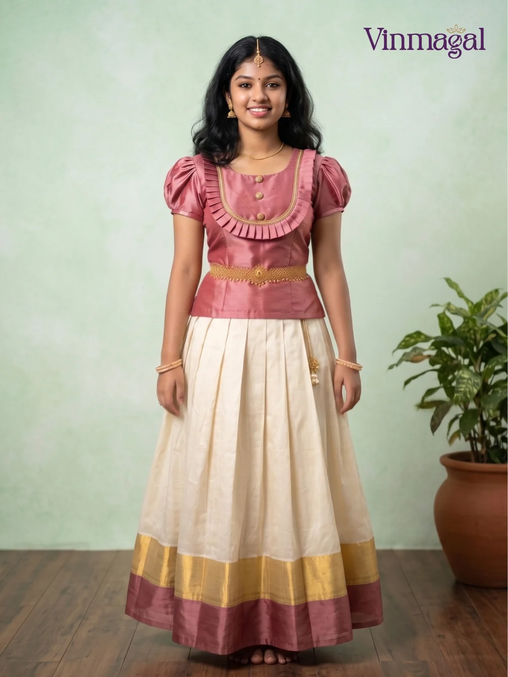 Rose pink top and cream Kerala pattu pavadai with gold border for girls traditional South Indian ethnic outfit for Onam Vishu weddings and festive occasions