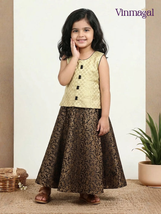 sandal and black brocade langa set for girls with sleeveless top and skirt