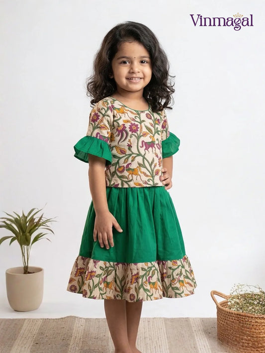 sandal and green kalamkari pavadai sattai for kids with broad border skirt