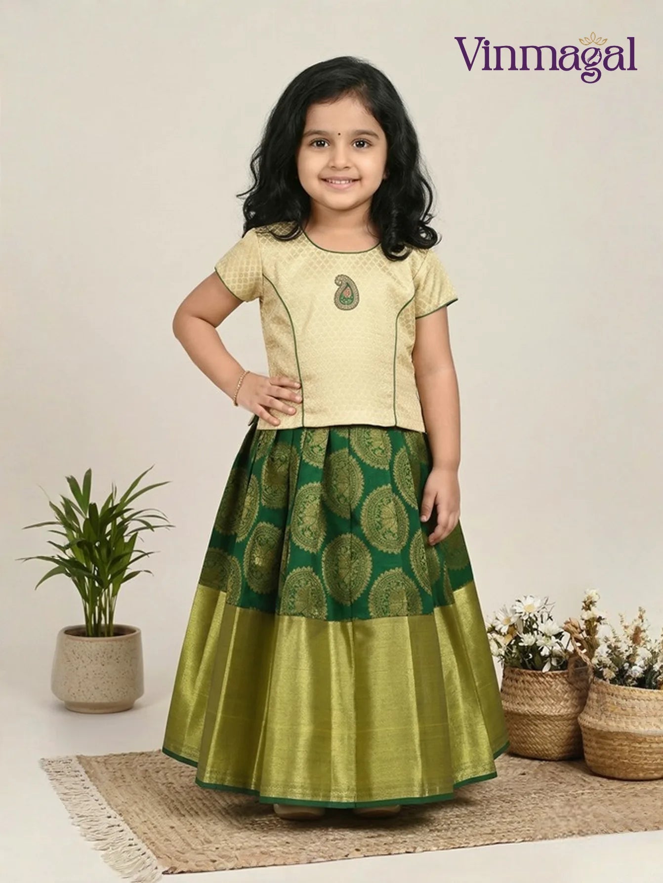 sandal and green pure silk pavadai set for kids with skirt and top