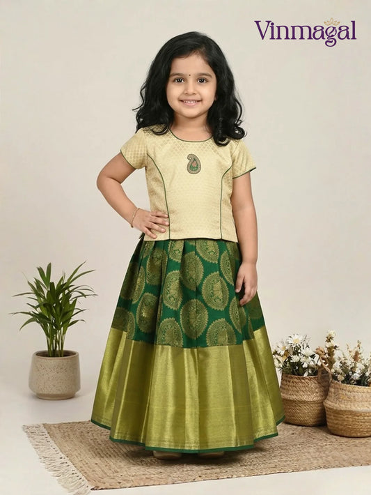 sandal and green pure silk pavadai set for kids with skirt and top