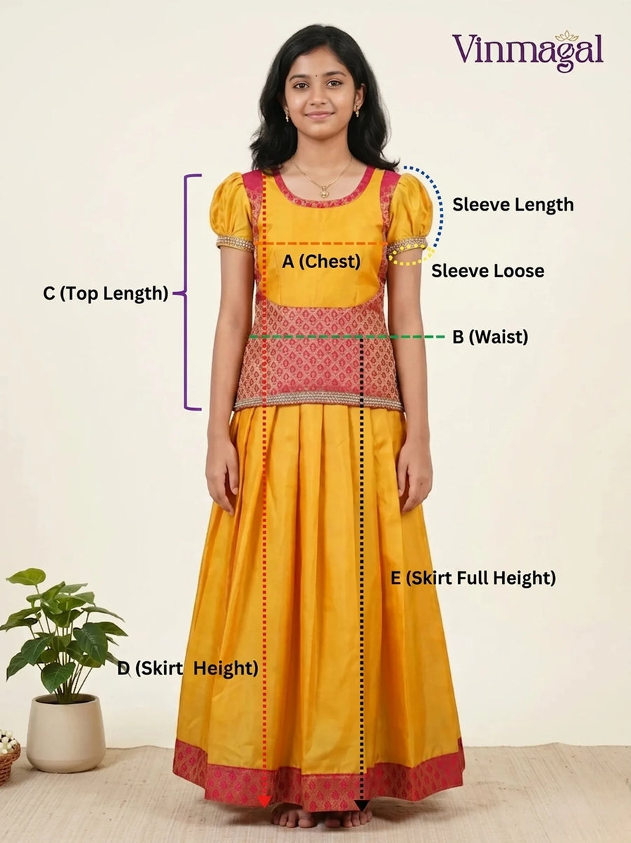 Woman wearing a yellow and red traditional outfit with labeled measurements on a white background.