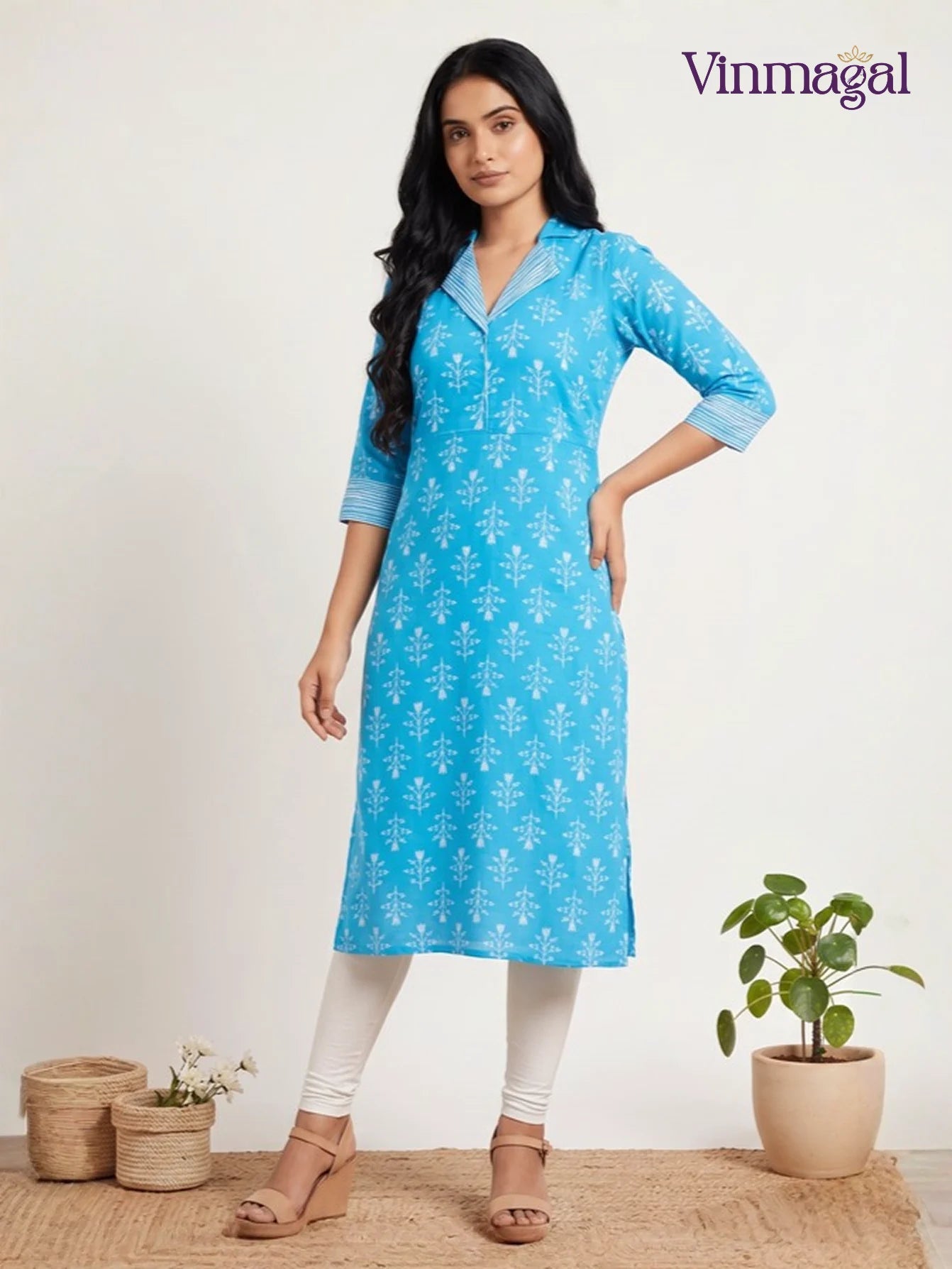 Sky blue cotton kurti for women solid design