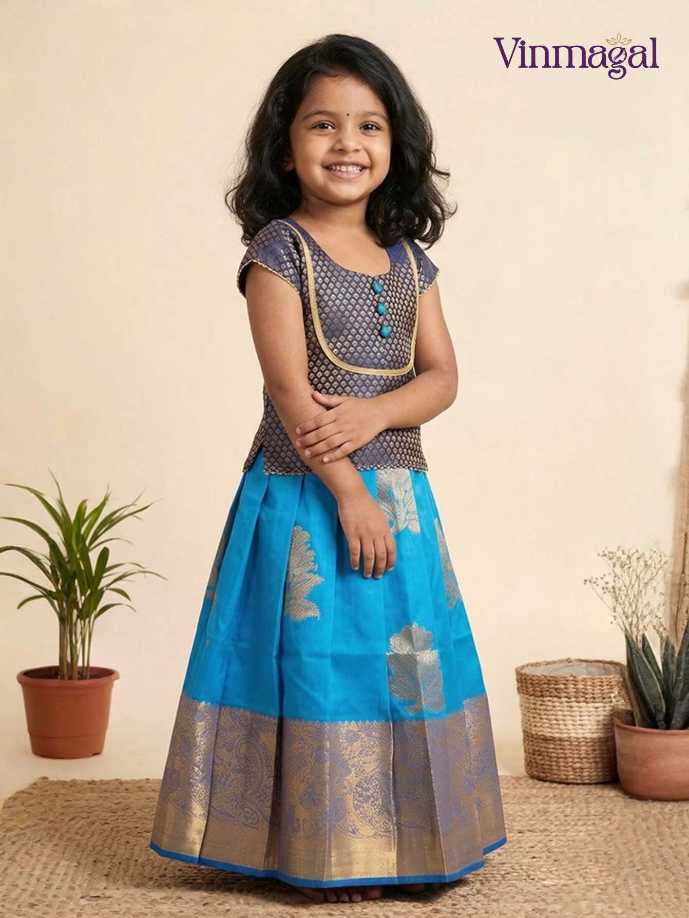 Sky blue and navy blue silk cotton pavadai sattai for girls with mango zari design traditional wear
