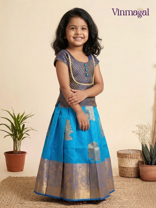 Sky blue and navy blue silk cotton pavadai sattai for girls with mango zari design traditional wear