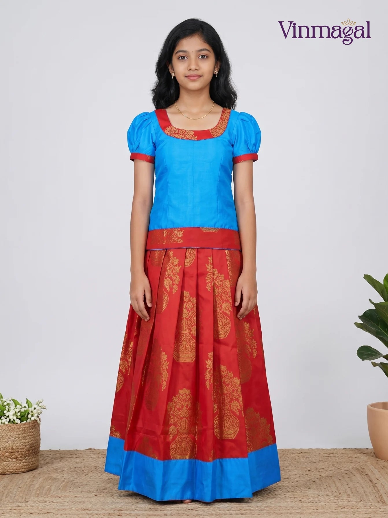 sky blue and red pattu pavadai for girls traditional ethnic wear