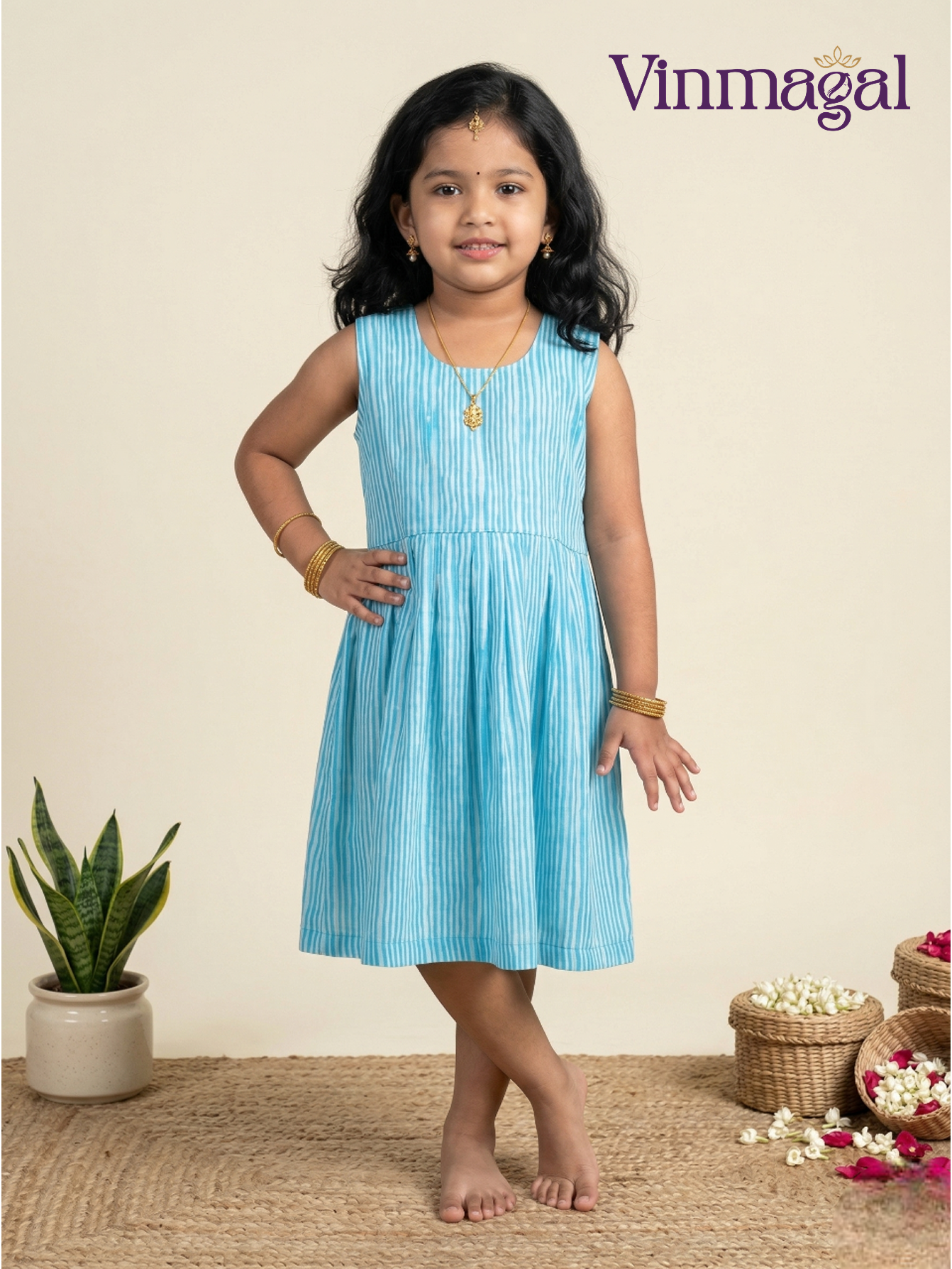 Sky blue striped cotton frock for girls sleeveless casual daily wear dress