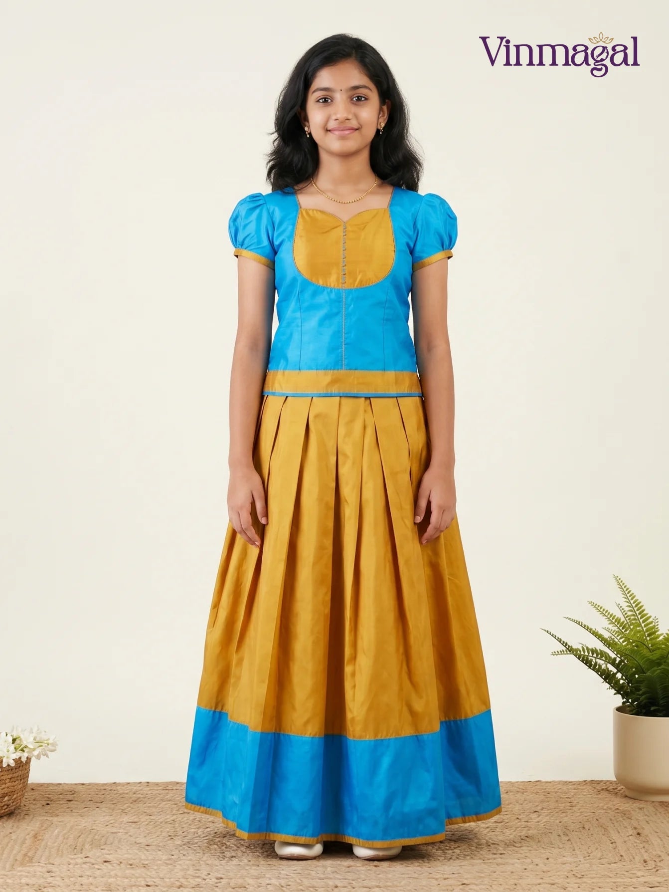 sky blue and yellow semi silk pattu pavadai for girls traditional wear