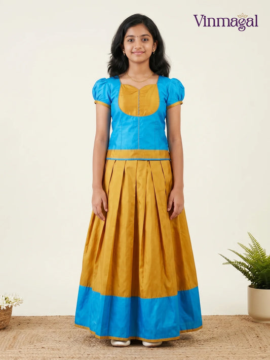 sky blue and yellow semi silk pattu pavadai for girls traditional wear