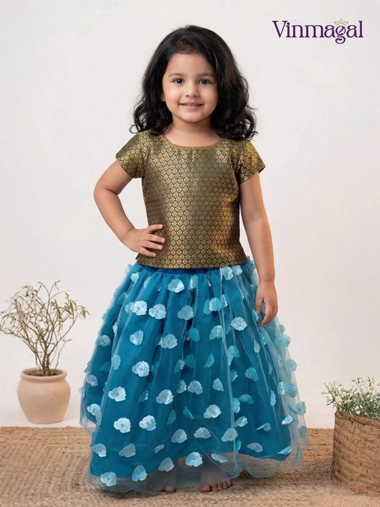 sky blue netted langa with black brocade top for girls in ethnic skirt set