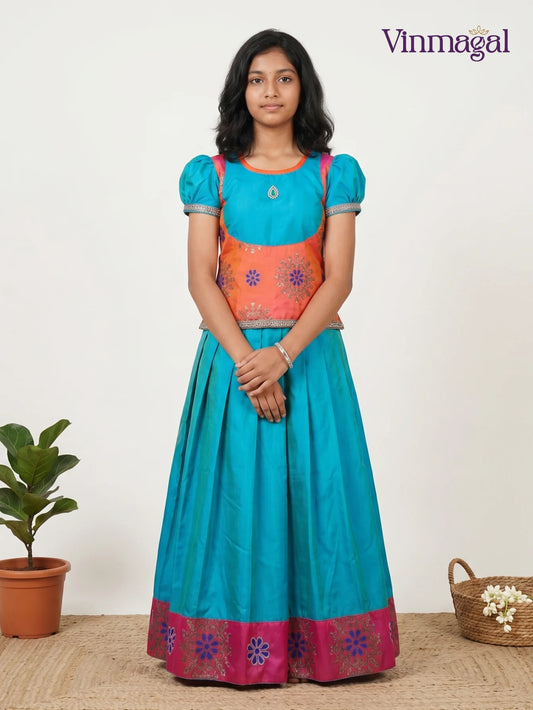teal and light orange pattu pavadai for girls traditional ethnic wear