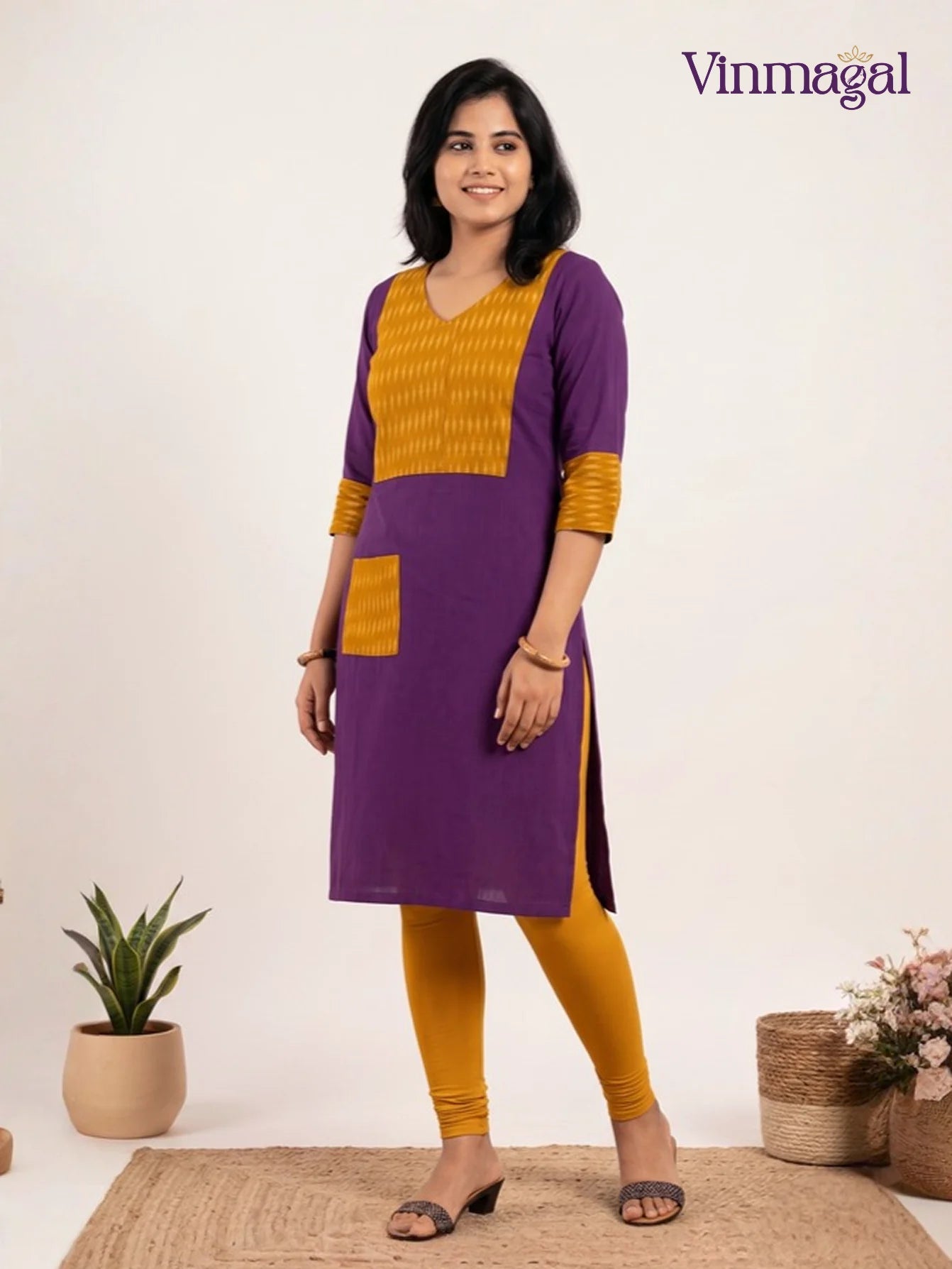 Violet and yellow Ikkat cotton kurti for women with Ikkat yoke design