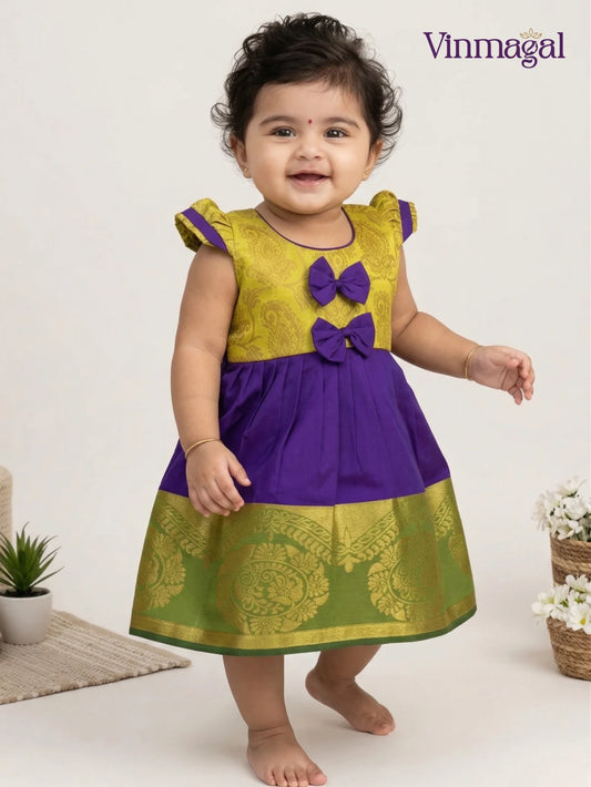 violet silk frock for newborn baby girls designed for party wear