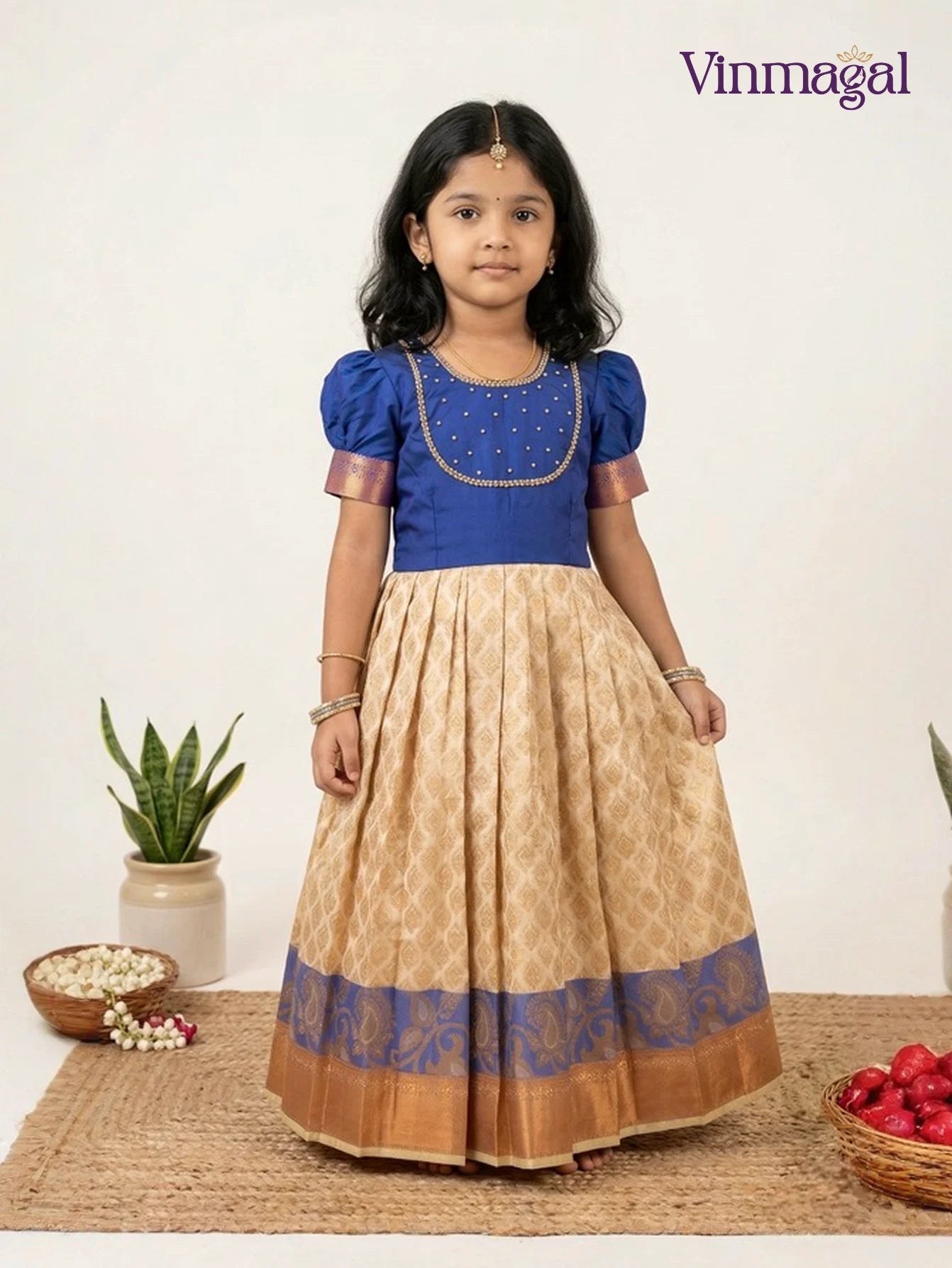 white and blue semi silk long gown for kids suitable for party occasions