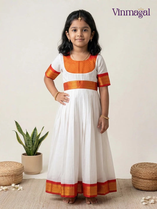 white and red pure cotton long gown for kids suitable for daily wear