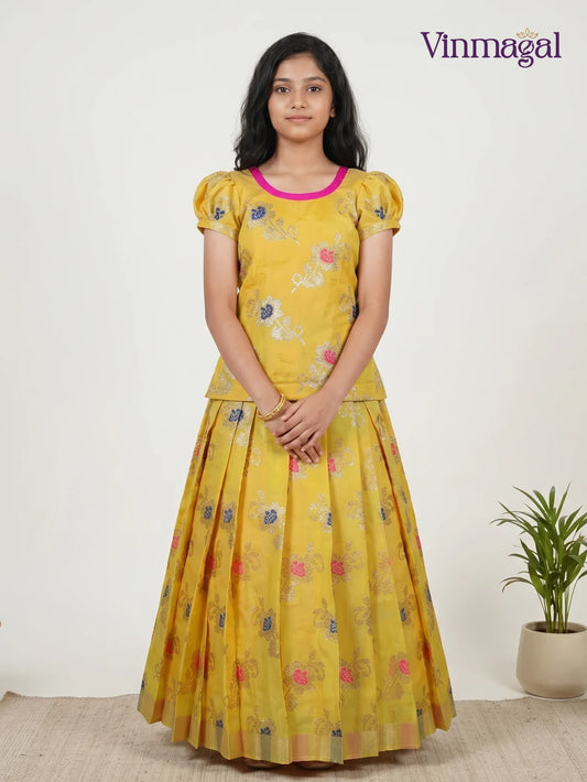 yellow floral pattu pavadai for girls traditional ethnic wear