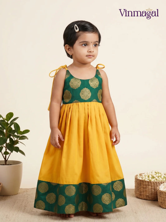 yellow green banarasi frock for girls festive ethnic dress