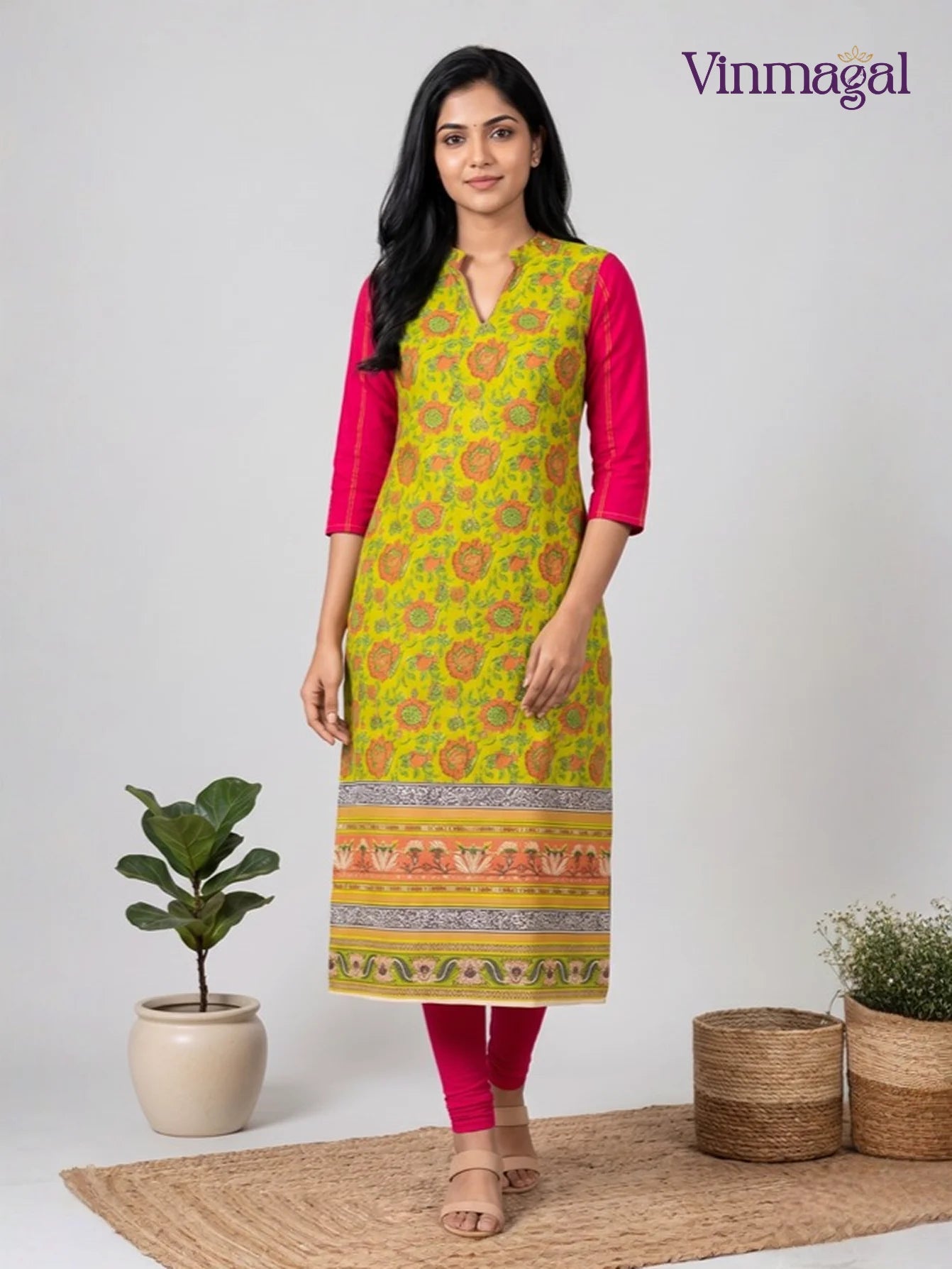 Yellow and pink cotton kurti for women solid design