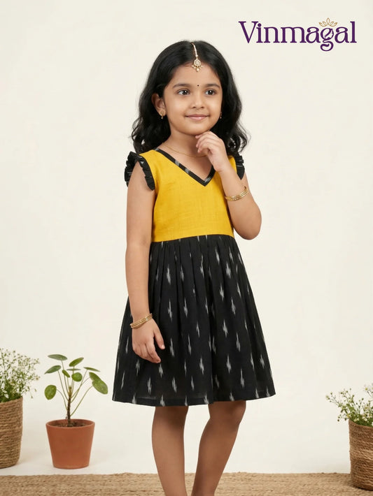 yellow and black cotton frock for kids suitable for party wear